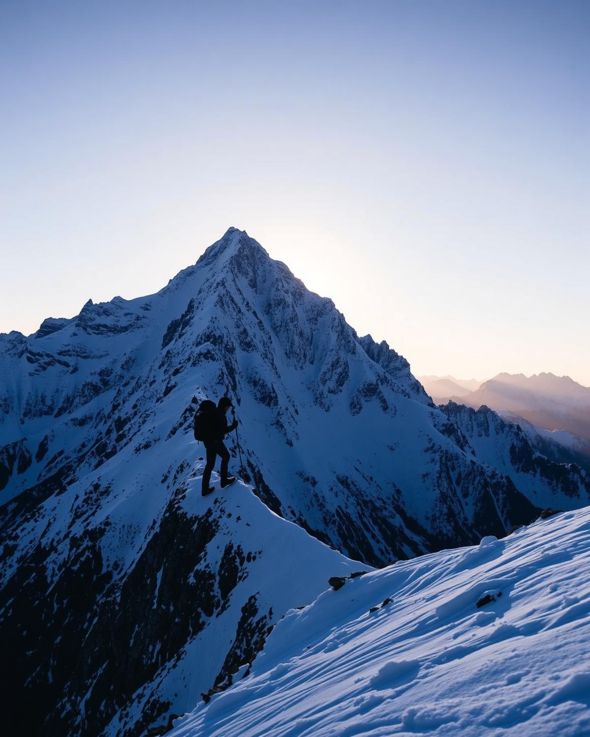 Trekker on a snowy ridge